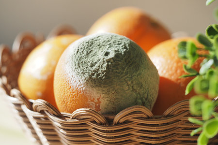 Moldy orange among fresh fruits in wicker basket indoorsの写真素材