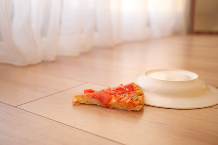 Piece of pizza spills on a wooden floorの写真素材