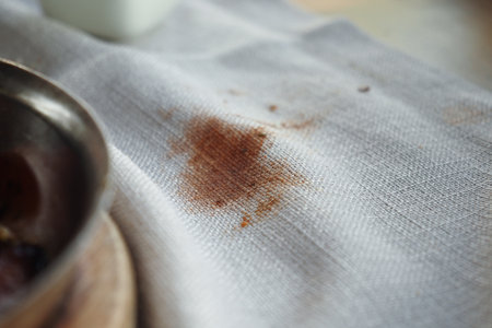 Stains on a white tablecloth from food and drink during a mealの写真素材