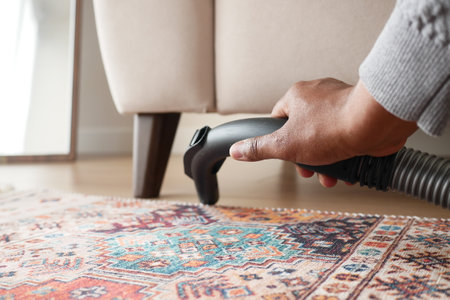 Hand holding vacuum cleaner while cleaning a colorful area rugの写真素材