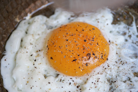 Brightly cooked egg with seasonings on a textured plateの写真素材