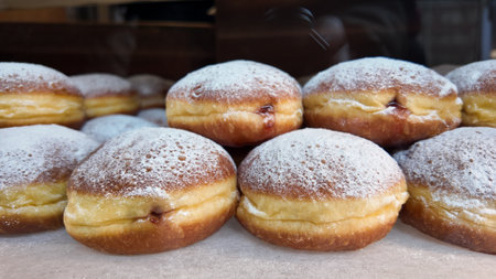 Delicious filled pastries displayed in a bakery windowの写真素材