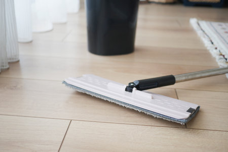 Cleaning hardwood floors with a mop and bucket in a bright roomの写真素材