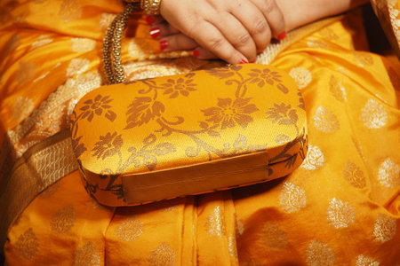 Elegant woman in traditional attire holding a golden clutch bagの写真素材