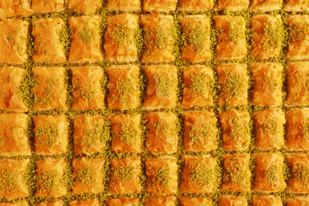 Delicious baklava displayed at a market in the afternoon sunの写真素材