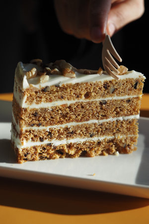 Delicious layered cake enjoyed during a sunny afternoonの写真素材
