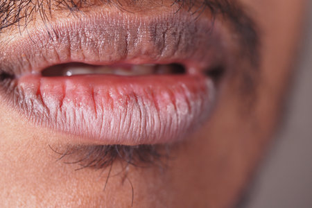 Dry and chapped lips close-up with facial hair detailsの写真素材