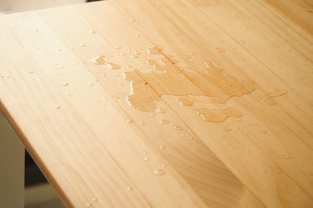 Water spilled on a wooden table surface in natural light