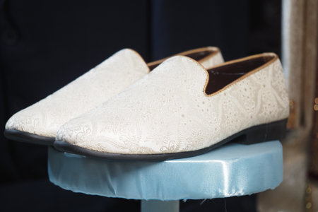 Elegant cream loafers displayed on a pedestal with intricate designの写真素材