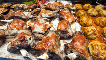 Delicious grilled meat dishes served on a platter at street marketの写真素材