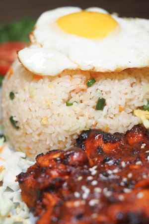 Delicious fried rice with grilled chicken and fried egg served hotの写真素材