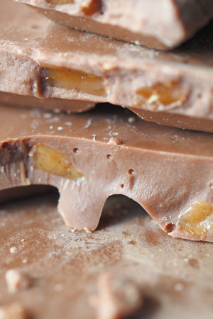 Chocolate bark with fruit pieces prepared in a kitchen settingの写真素材