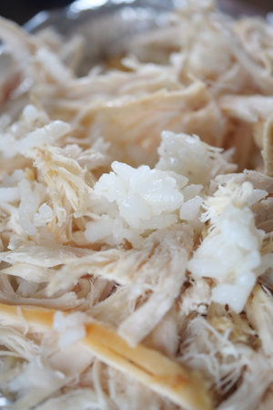 Cooked chicken and rice dish with tender shreds on a plateの写真素材