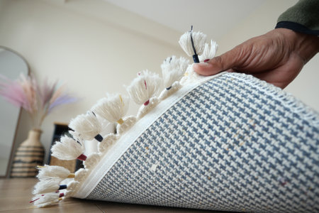 Rug being unrolled in a cozy indoor living spaceの写真素材
