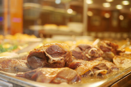Juicy meat dishes displayed at a busy restaurant buffetの写真素材
