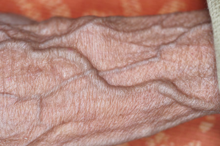 Capturing the intricate details of an elderly hand in natural lightの写真素材