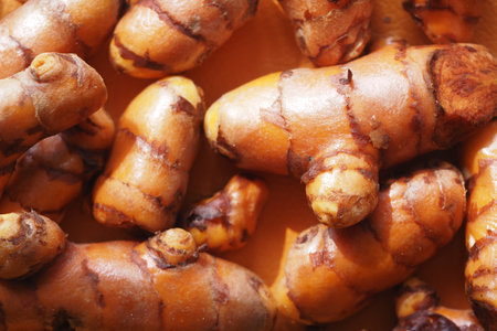 Fresh turmeric root displayed in natural light on a wooden surfaceの写真素材