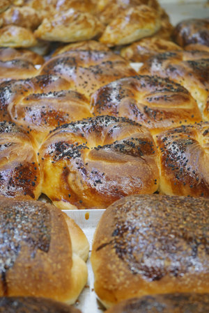Freshly baked bread rolls are displayed on a baking trayの写真素材