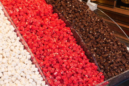 Colorful display of Turkish delight in a market settingの写真素材