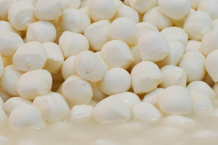 Fresh mozzarella balls displayed in a market for saleの写真素材