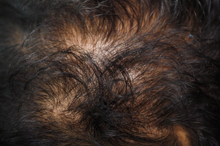 top view of young man hair fallの写真素材