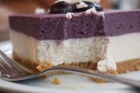 Tasty layered dessert with blueberry topping served at a cafeの写真素材