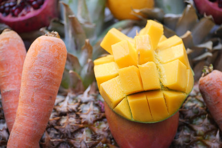 Fresh tropical fruits arranged for a colorful display at a marketの写真素材