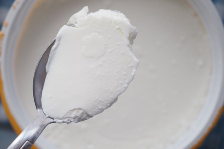 Creamy texture of fresh yogurt in a serving spoonの写真素材