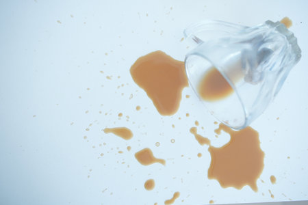 Spilled beverage creating splashes on a white surfaceの写真素材