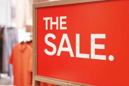 Large red sale sign displays promotional offer in retail storeの写真素材