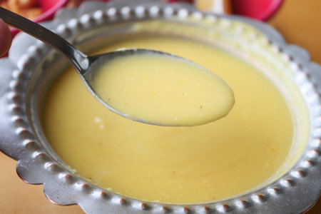 Delicious custard served in traditional bowl for dessertの写真素材