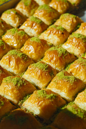 Delicious baklava served at a local market during a sunny afternoonの写真素材