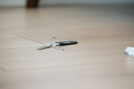 Keys resting on a wooden floor indoorsの写真素材