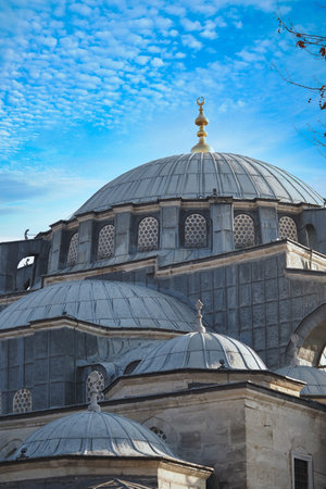 Majestic mosque domes under a clear blue sky in Istanbulの写真素材