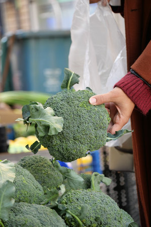 Person selecting fresh broccoli at a bustling market stallの写真素材