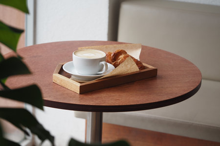 Delicious coffee and croissants served on a wooden trayの写真素材