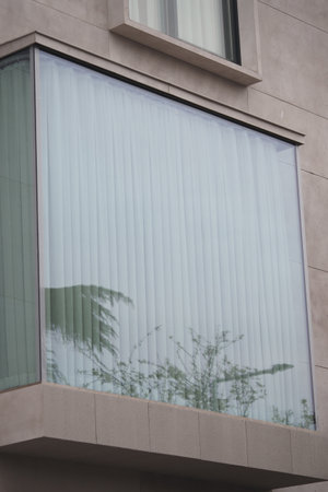 Modern building design with a large glass window showcasing natureの写真素材