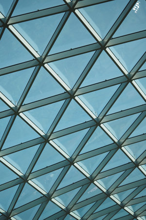 Modern architectural design of a glass ceiling structureの写真素材