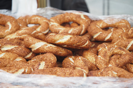 turkish simit at a local market in morning lightの写真素材