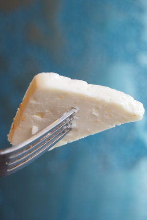 Tasting a piece of cheese on a fork above a textured blue backgroundの写真素材