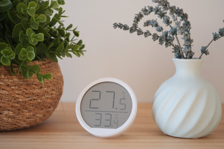 Indoor temperature and humidity display with plants on wooden tableの写真素材