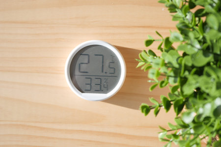 Digital thermometer displays temperature in a cozy indoor setting