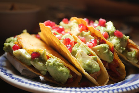 Freshly made tacos topped with guacamole and pomegranate seedsの写真素材