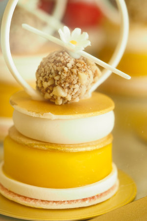 Beautiful handcrafted dessert with nut topping showcased elegantlyの写真素材