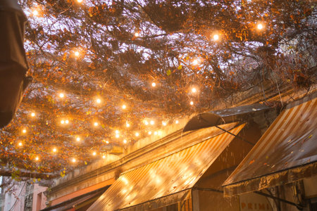 Cozy coffee shop alley with string lights during a rainy eveningの写真素材