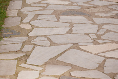 Natural stone pathway leads through lush greenery in a serene settingの写真素材