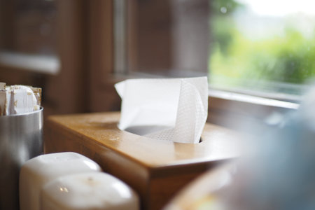 Tissue box and dispenser near window in a cozy restaurant settingの写真素材