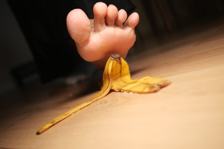 Foot about to slip on a banana peel on a wooden floor