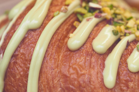 Croissant topped with green cream and chopped nuts at a local bakery