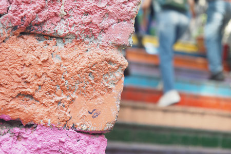 Colorful steps lead to vibrant activities in urban neighborhoodの写真素材